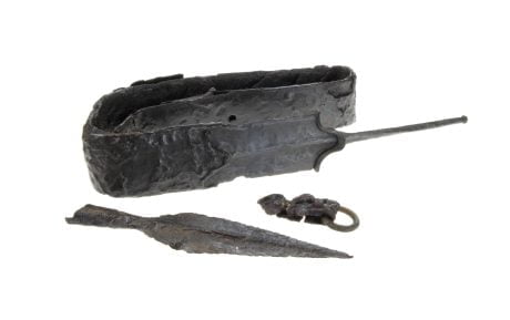 Iron sword, spearhead and belt mount, Przeworsk Culture, 1st c. BC; Kleszewo, Pułtusk Commune